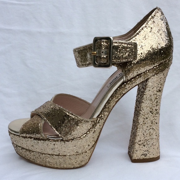 Miu Miu Shoes - Miu Miu Glitter Crisscross Mary Jane Sandal, Gold